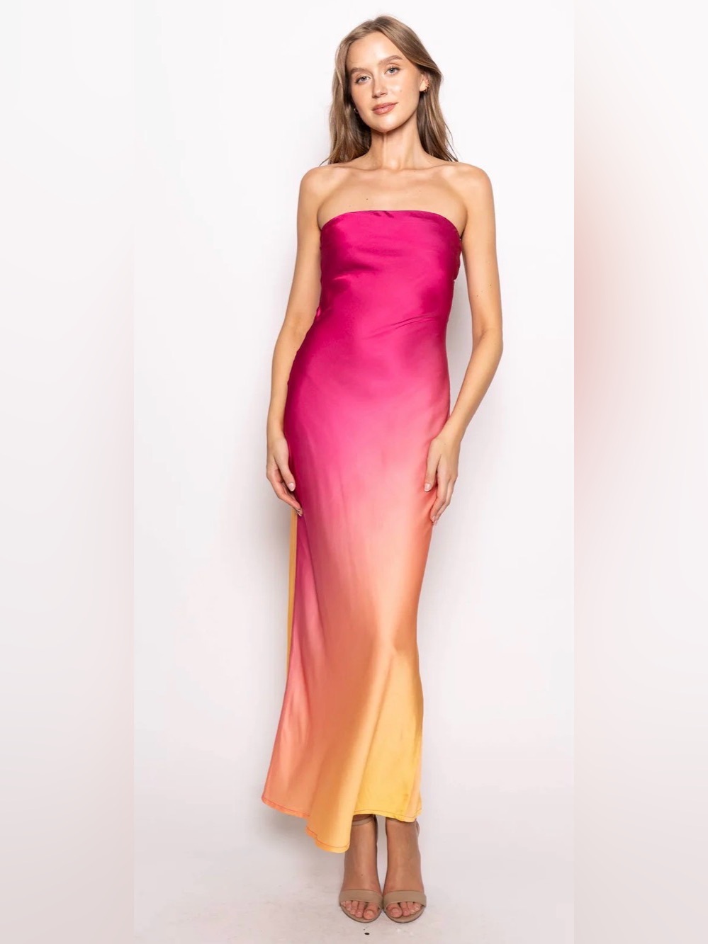 FORE Sunset Strapless Ombre Satin Maxi Dress